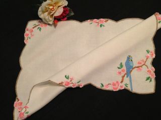 Vintage Hand Embroidered Tray Cloth Budgerigar Budgie & Blossom Gorgeous