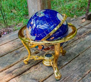 Semi Precious Stone Inlaid 13 " Globe Lapis Brass Stand With Compass Rare