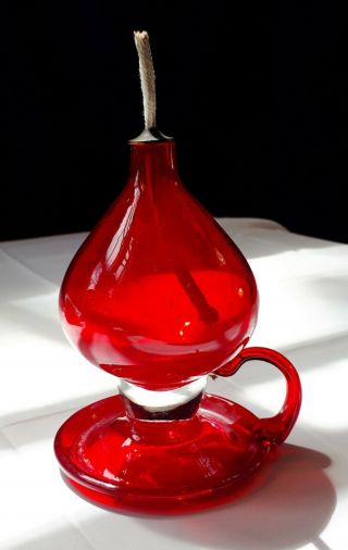Vintage 1970s Intense Red Glass Oil Lamp With Self Handle.  Mcm Home Mood/ Dining