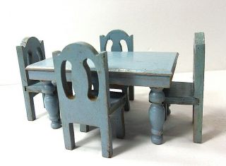 Vtg 1930s Strombecker Dollhouse Furniture Light Blue Dining Room Table & Chairs