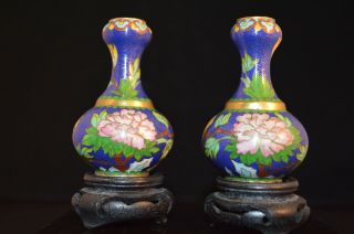 Vintage Antique Chinese Blue Miniature Cloisonné Vases With Stand