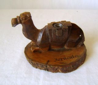 Antique Carved Olive Wood Camel Inkwell Inscribed " Jerusalem " Missing Lid