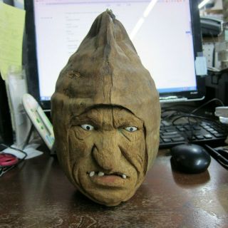 Rare Antique Folk Art Coconut Head Detailed Lifelike 100 Years Old,  Man W/hood
