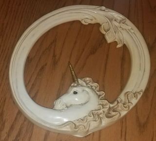 Rare Old Antique White Oval Art Nouveau Style Unicorn Chalkware Wall Plaque