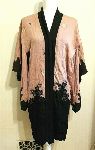 Vintage Antique Pure Silk Kimono Wrecked Grunge Black Pink Floral