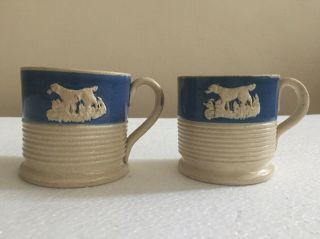 Rare Mochaware - Yellow Ware Mugs With Sprigged Labrador Dogs C1800 