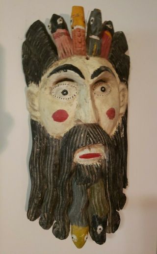 Large Vintage Mexican Or Guatemalan Festival Mask Wood Carved Folk Art Rare