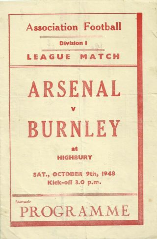 Rare Pirate Football Programme Arsenal V Burnley 1948