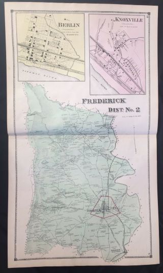 1873 Rare Hand Colored Poster Map Frederick County Maryland Berlin Knoxville