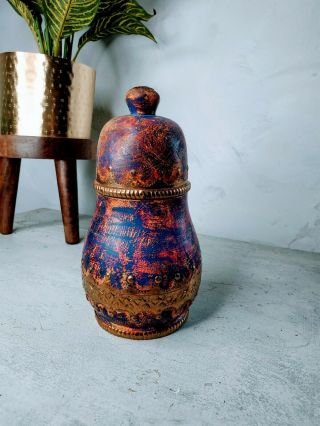Vintage Carved Wooden Hand Made Indian Brass Detail Style Jar With Lid