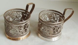 Vintage Set Of 2 Silver Plated Filigree Glass / Cup Holders Ussr / Russian