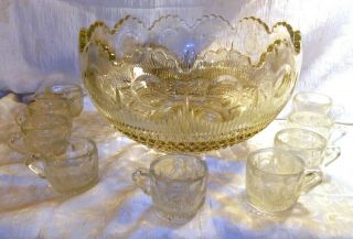Vintage 12 Quart Crystal Cut Glass Punch Bowl Set W Glasses Cups Ladel Handmade