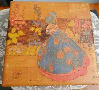Vintage Art Deco Pyrography Hand Painted Wooden Box Crinoline Lady Flower Garden