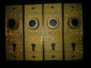 Vintage Set Of Four Brass Art Deco Style Fancy Door Knob Back Plates.
