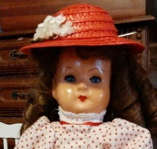 Antique 11 - Inch Papier Mache Doll In Cute Red - Dotted Dress & Red Flowered Hat1