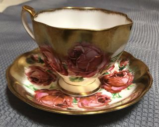 Queen Anne Large Cabbage Roses,  Gold Teacup & Saucer England Bone China 5076