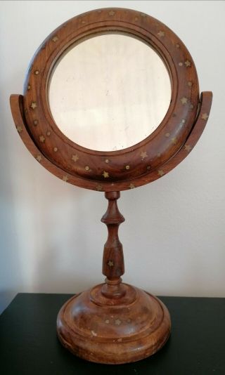 Vintage Indian Hand Carved Wooden Table Top Round Mirror With Stand