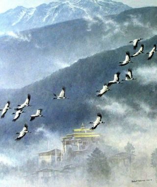 Robert Bateman Art Print Dzong Black Necked Cranes Flying Migration Bhutan Birds