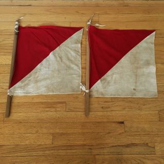 Rare Wwii Us Army Signal Corps Flag Set (2) Antique W/ Wooden Poles - Nautical