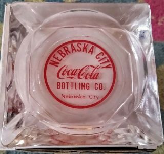 Rare 1950s - 60s Coca - Cola Bottling Co Glass Ashtray.  Nebraska City.