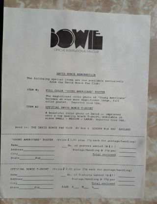 David Bowie Official Int Fan Club A4 Memorabilia / Tour Dates Rare Orginal