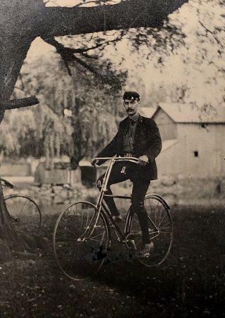 Rare 1/6 Plate Tintype - Man On A Killer Safety Bicycle - Artistically Composed