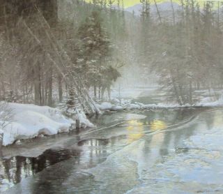 Vintage Art Robert Bateman Winter Sunset Moose Stretching Canada Goose Lake Snow