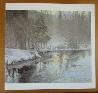 Vintage Art Robert Bateman Winter Sunset Moose Stretching Canada Goose Lake Snow 3