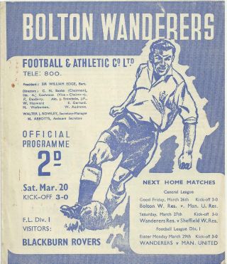 Rare Football Programme Bolton Wanderers V Blackburn Rovers 1948