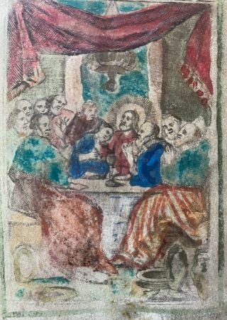 Engraving antique 18th? cent HOLY CARD Hand paint vellum parchment? Supper Jesus 2