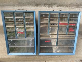 Vintage Akro Mils Metal 2 Cabinets 38 Different Sized Drawers Total Rare Sizes.