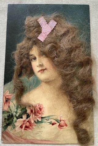 Rare Unique Victorian Vintage Postcard Portrait Of Woman With Real Hair Roses