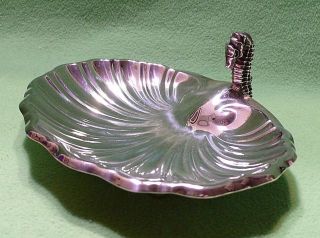 Vintage Reed & Barton Silverplate Seashell Pedestal Dish With Sea Horse Handle.