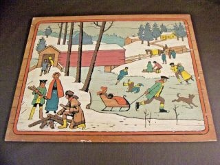 Vintage Folk Art Winter Skating Scene Painted On Wood