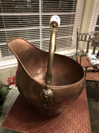 Vintage Copper Brass Dovetail Fireplace Coal Scuttle Bucket W/ Porcelain Handle