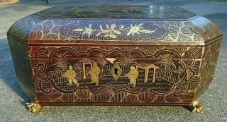Rare Antique Japanese Black Lacquer Wood Sewing Casket Box