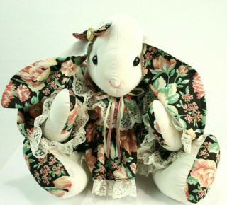 Vintage Rabbit Plush Handmade Floral Dress With Head Bow & Lace Accents