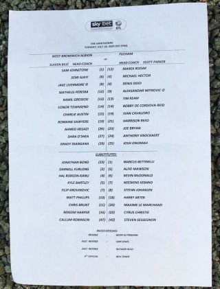 Rare West Bromwich Albion V Fulham 2019/20 Efl Championship Official Team Sheet