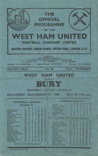 Rare Football Programme West Ham United V Bury Second Division 1949