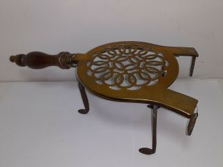 Antique Fireplace Trivet - Brass - Wood Handle - For Cooking - 13in - Wood Handle - 1850s