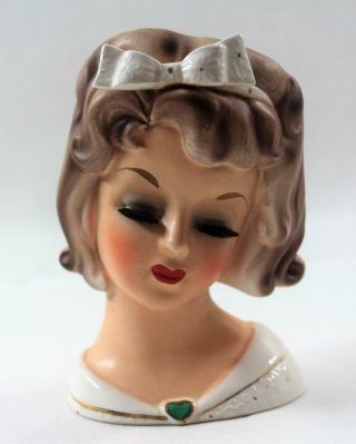 Rare Vintage Dabs D3220 Lady Head Vase Planter White Gold Polka Dot Dress & Bow