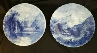 Pair J & G Meakin England - Antique Flow Blue Hanging Wall Plate Semi - Porcelain
