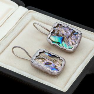 Antique Vintage Deco Mid Century Style 925 Sterling Silver Abalone Earrings 7.  6g