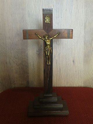 Ca.  1920 Antique French Wooden Altar,  Church Chappel Crucifix Cross With Pedestal