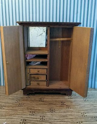 Vintage Dollhouse Furniture Armoire Chifferobe Cabinet Wood 1:12 Scale Shelves