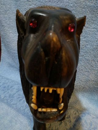Vintage/ Antique African Ebony Wood Carving Of Lion With Ruby Rinestone Eyes.