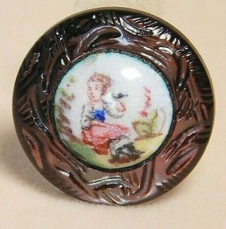 Antique Vtg Button Carved Abalone Pearl W Emaux Peints Enamel Girl H