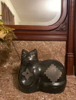 Vintage Mid Century Modern Large Clay Black Cat Hand Crafted/painted Estate Find