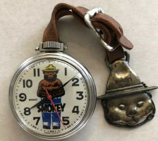 Rare 1974 Smokey The Bear Forest Service Pocket Watch Bradley With Key Fob Aj
