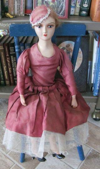 Vintage Antique Boudoir Bed Doll & Dress Long Body Compo Painted Face Mohair Tlc